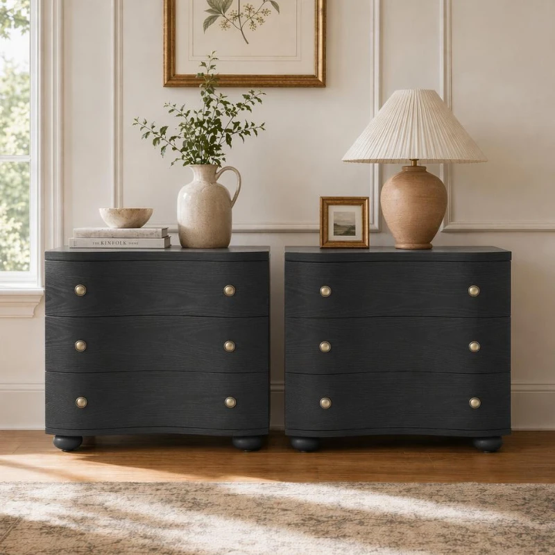 Retro Modern Nightstand Set of 2 with 3 Wave Drawers, Wooden Bedside Storage Tables with Bulbous Feet, 23.5'' L x 15.5'' W x 22.5'' H, Black