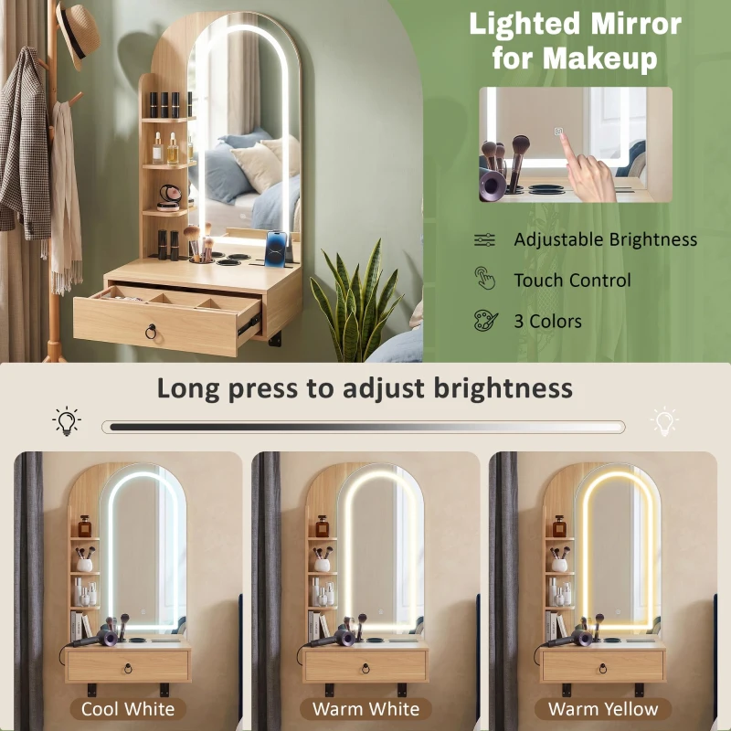 Modern Floating Makeup Vanity with Arched Mirror, Outlet and 3-Color Lights, Versatile Wall Vanity for Bedrooms, 23'' L x 15.5" W x 48" H, Natural