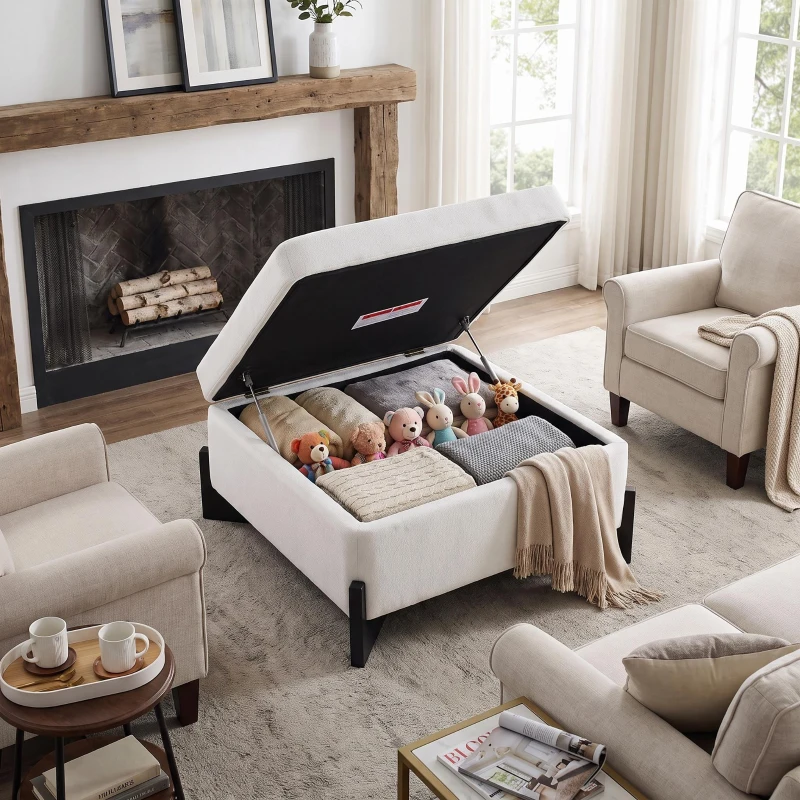 Modern Large Square Ottoman with Faux Leather and Hidden Storage, Versatile Coffee Table for Living Room, 30.5'' L x 30.5" W x 17.5" H, White