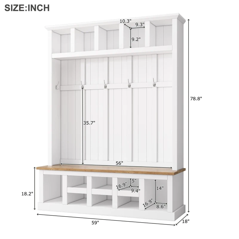 Farmhouse Hall Tree Coat Rack with 13 Compartments, Shoe Storage Bench Unit with Wide Storage Seating Bench, 59'' L x 18'' W x 79'' H, White