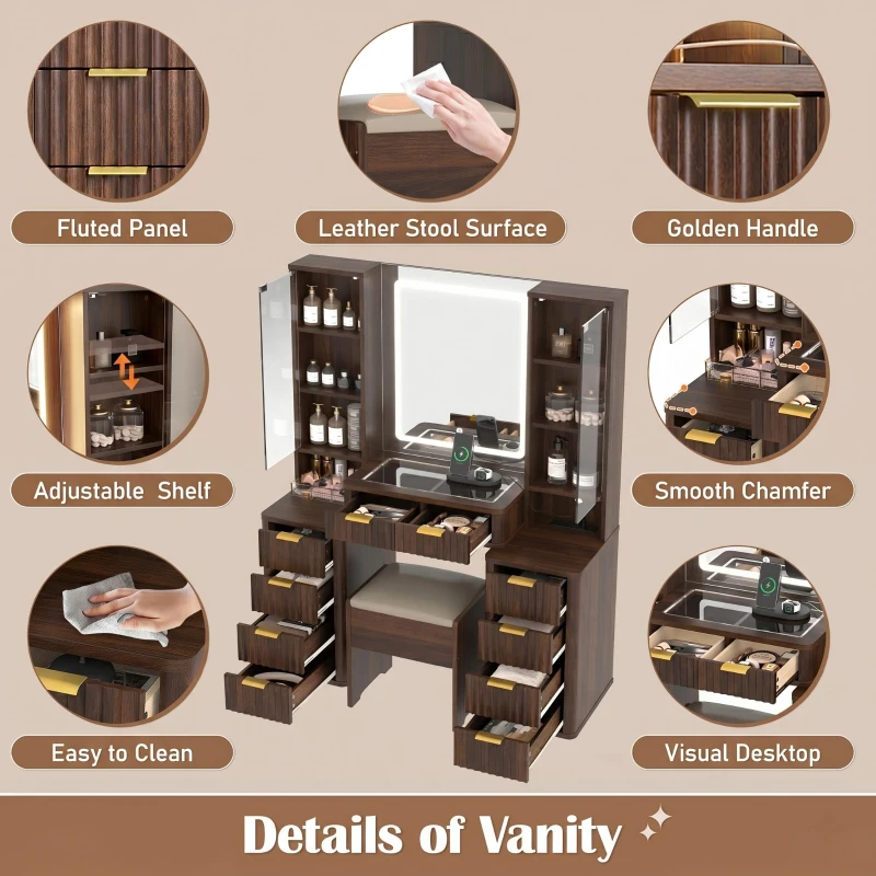 Elegant Fluted Dressing Vanity Desk with 3-Colour LED Mirror, Modern Makeup Table Unit with 10 Drawers, 43.5'' L x 15.5'' W x 54.5'' H, Brown