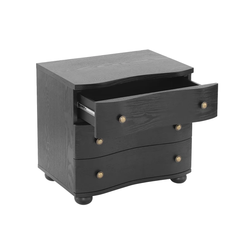 Retro Modern Nightstand Set of 2 with 3 Wave Drawers, Wooden Bedside Storage Tables with Bulbous Feet, 23.5'' L x 15.5'' W x 22.5'' H, Black