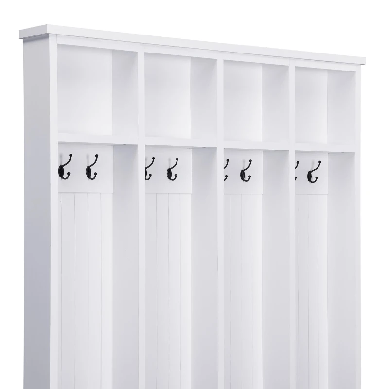 Farmhouse Hall Tree Coat Rack with 8 Retro Hooks, Shoe Bench Unit with 8 Storage Compartments, 59'' L x 15.5'' W x 76.5'' H, White