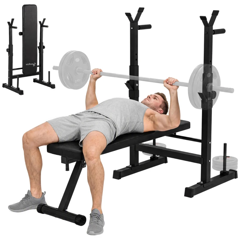 Soozier Adjustable Weight Bench, Foldable Bench Press with Barbell Rack and Dip Station for Home Gym, Strength Training Multiuse Workout Bench, Black