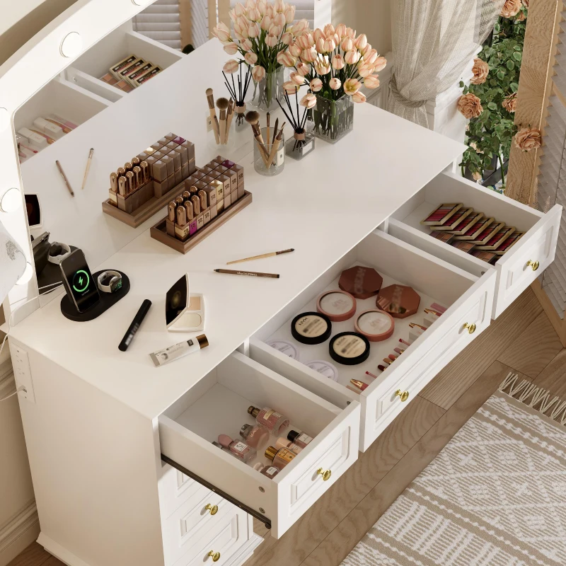 Luxurious Dressing Vanity Desk with 10 Hollywood Bulbs, Modern Makeup Table Set with 9 Storage Drawers, 44'' L x 15.5'' W x 53.5'' H, White