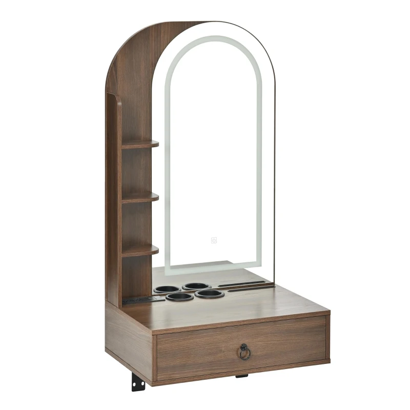 Modern Floating Makeup Vanity with Arched Mirror, Outlet and 3-Color Lights, Versatile Wall Vanity for Bedrooms, 23'' L x 15.5" W x 48" H, Walnut