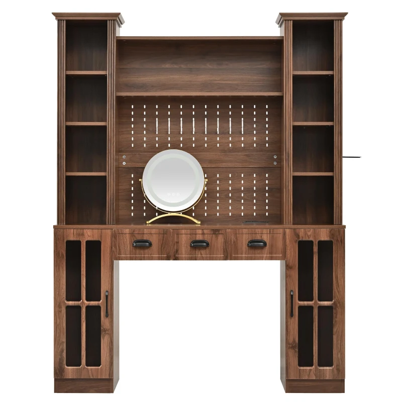 Farmhouse Makeup Vanity with LED Mirror and Power Outlet, Chic Dressing Desk with Jewelry Organizer, 54.5'' L x 15.5" W x 70" H, Walnut