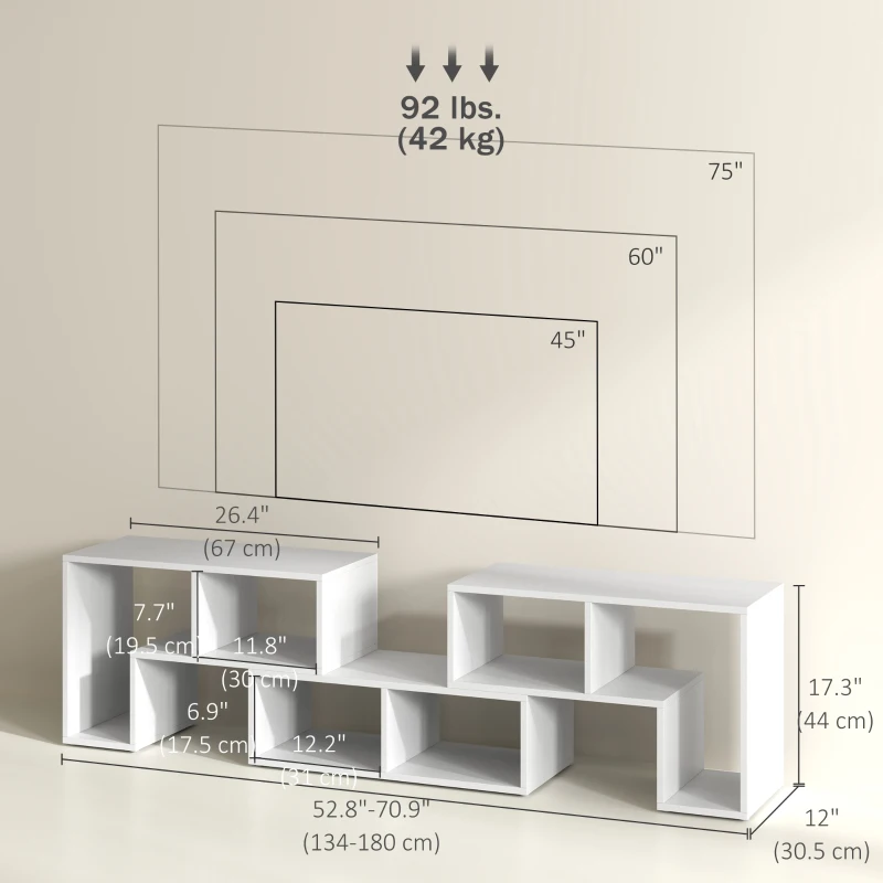 HOMCOM TV Stand for TVs up to 75", 3-Piece Modular TV Console with Open Storage Shelves, White