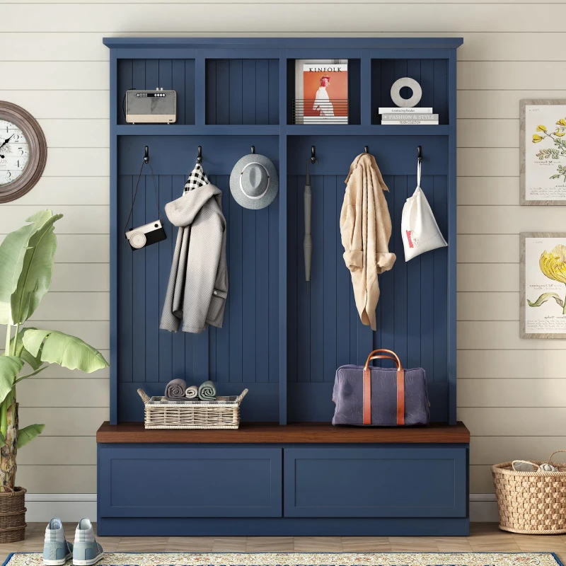 Rustic Farmhouse 4-in-1 Hall Tree Coat Rack with 2 Large Drawers, Shoe Storage Bench Unit with 6 Hooks, 53'' L x 15'' W x 75.5'' H, Blue