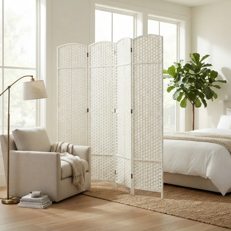 HOMCOM Folding Room Divider Screen 4 Panel 5.6 ' Tall Privacy Screen Freestanding Room Partition for Home Office, White