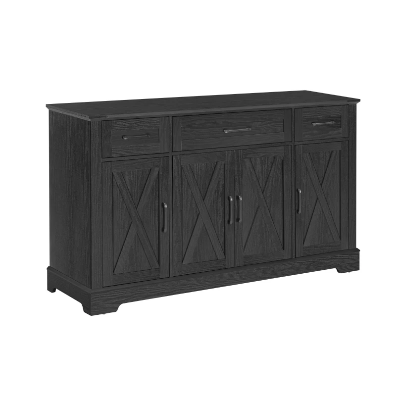 Farmhouse Buffet Cabinet with Metal Hardware and Wood Grain, Sturdy Sideboard for Kitchen and Dining Room, 55'' L x 15.5" W x 32" H, Ash Black