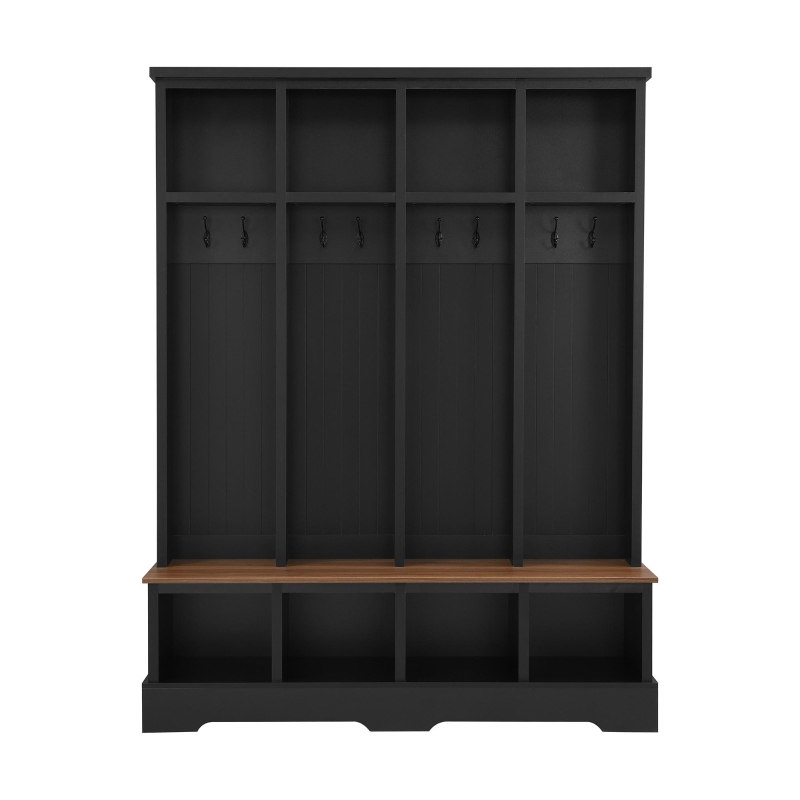 Farmhouse Hall Tree Coat Rack with 8 Retro Hooks, Shoe Bench Unit with 8 Storage Compartments, 59'' L x 15.5'' W x 76.5'' H, Black