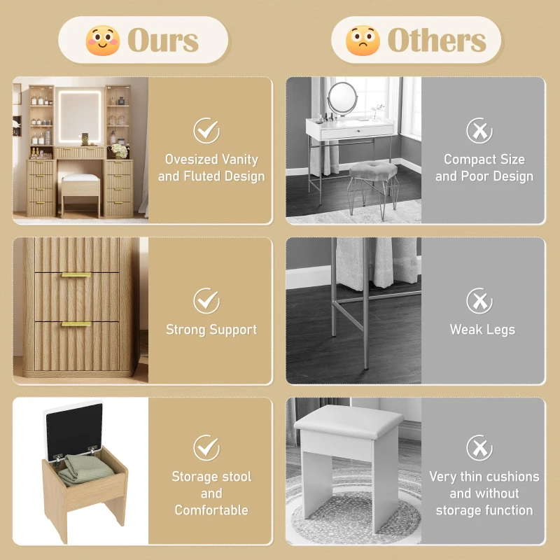 Elegant Fluted Dressing Vanity Desk with 3-Colour LED Mirror, Modern Makeup Table Unit with 10 Drawers, 43.5'' L x 15.5'' W x 54.5'' H, Oak