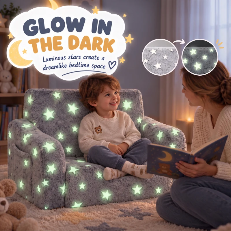 Qaba Kids Couch, 2 in 1 Toddler Couch with Glow in the Dark Stars, Sit to Lie, Ready from Box for Bedroomfor 18-48 M, Grey