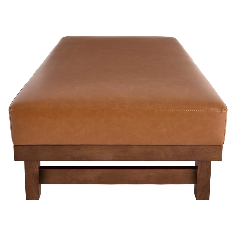 Sleek Large Ottoman with Faux Leather and Walnut Legs, Versatile Coffee Table for Living Room, 48" L × 27.5" W × 15.5" H, Light Brown
