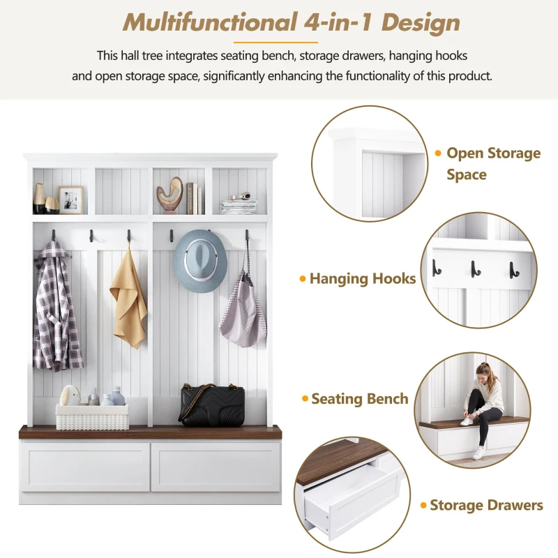 Rustic Farmhouse 4-in-1 Hall Tree Coat Rack with 2 Large Drawers, Shoe Storage Bench Unit with 6 Hooks, 53'' L x 15'' W x 75.5'' H, White