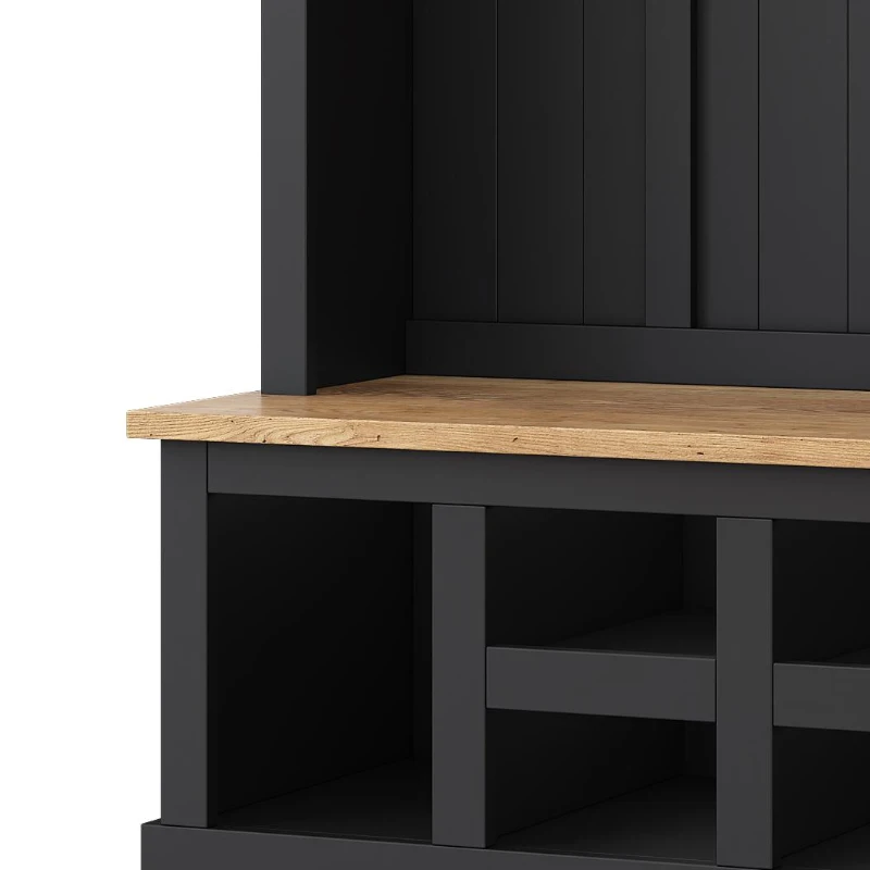 Farmhouse Hall Tree Coat Rack with 13 Compartments, Shoe Storage Bench Unit with Wide Storage Seating Bench, 59'' L x 18'' W x 79'' H, Black