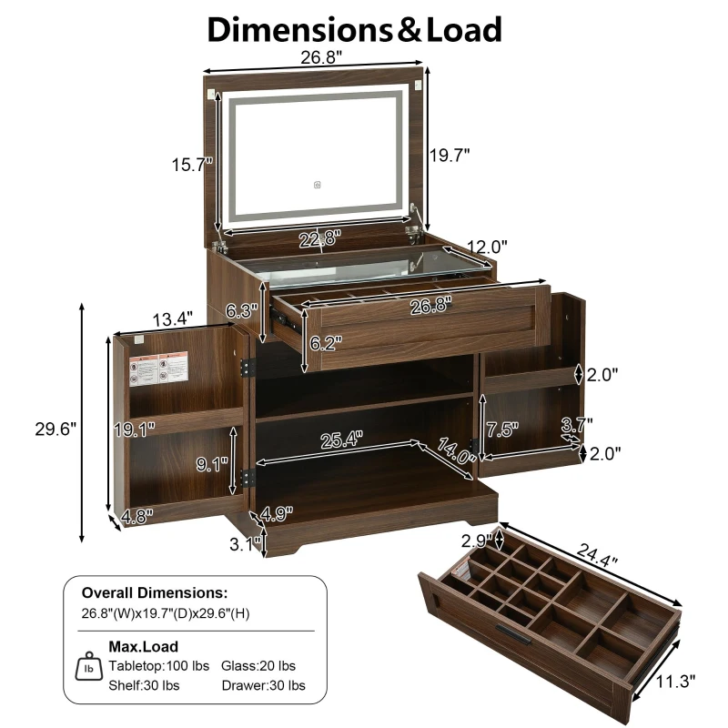 Versatile 3-in-1 Flip Top Makeup Vanity Cabinet with LED Lighted Mirror, Rustic Dressing Table for Bedroom, 26.5'' L x 19.5" W x 29.5" H, Walnut