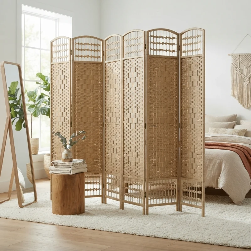 HOMCOM 8 Panel Folding Room Divider Portable Privacy Screen Wave Fiber Room Partition for Home Office Natural