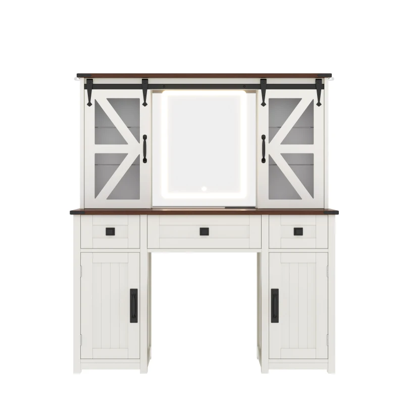 Farmhouse Dressing Vanity Desk with 3-Colour LED Lighted Mirror, Modern Makeup Table Unit with 3 Drawers, 43.5'' L x 15.5'' W x 53.5'' H, Beige
