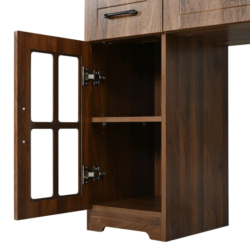 Farmhouse Makeup Vanity with Lighted Mirror and Power Outlet, Chic Dressing Table with Drawers and Stool, 47'' L x 15.5" W x 61.5" H, Walnut