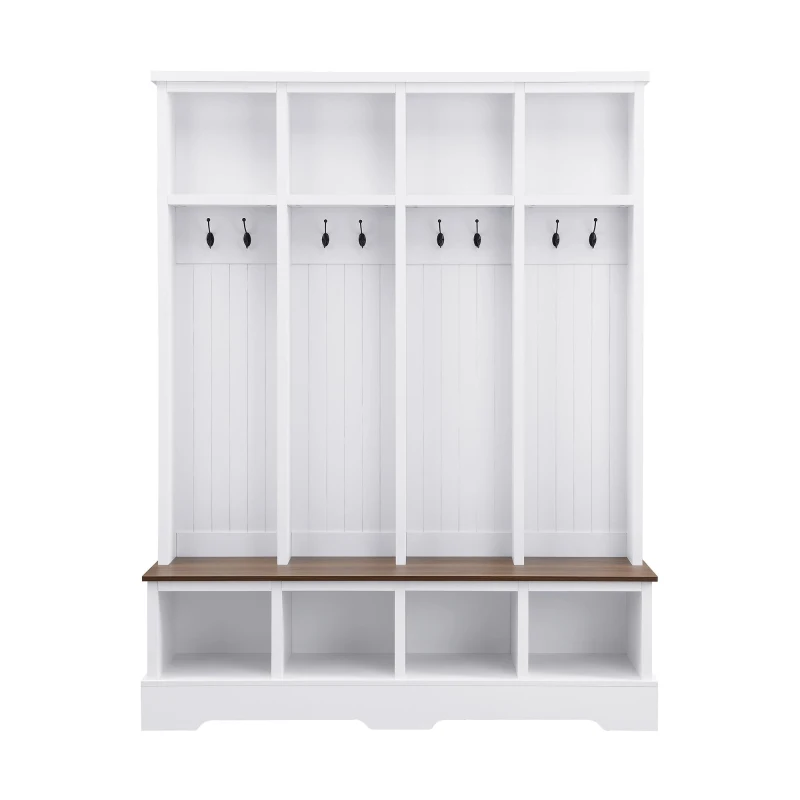Farmhouse Hall Tree Coat Rack with 8 Retro Hooks, Shoe Bench Unit with 8 Storage Compartments, 59'' L x 15.5'' W x 76.5'' H, White