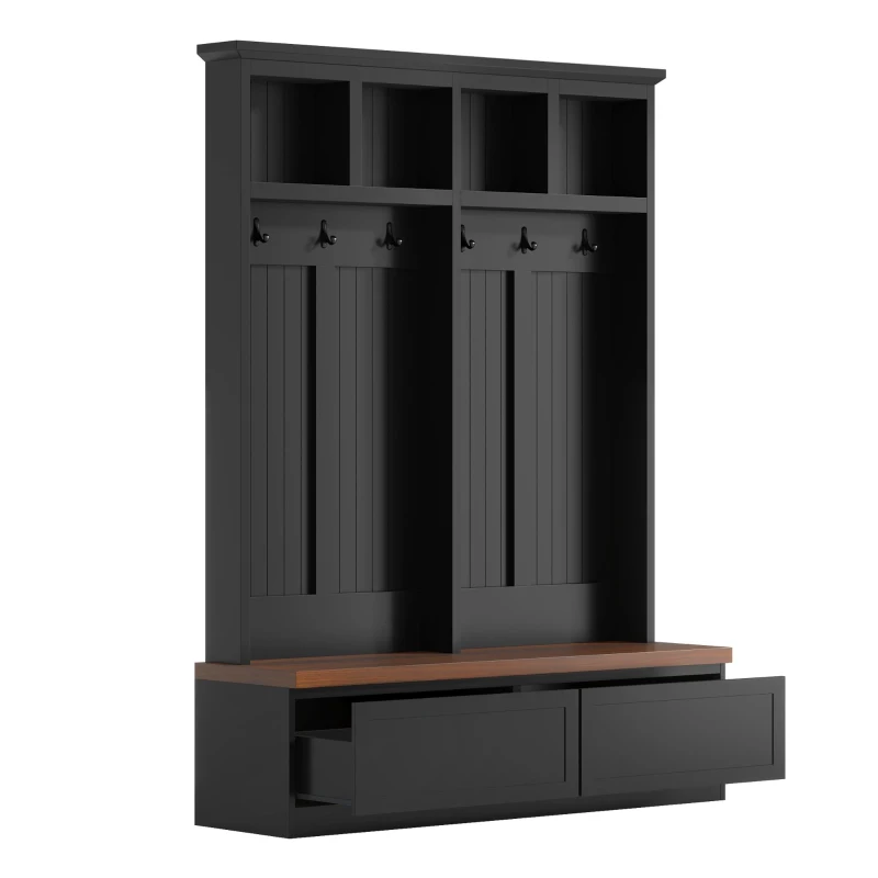 Rustic Farmhouse 4-in-1 Hall Tree Coat Rack with 2 Large Drawers, Shoe Storage Bench Unit with 6 Hooks, 53'' L x 15'' W x 75.5'' H, Black
