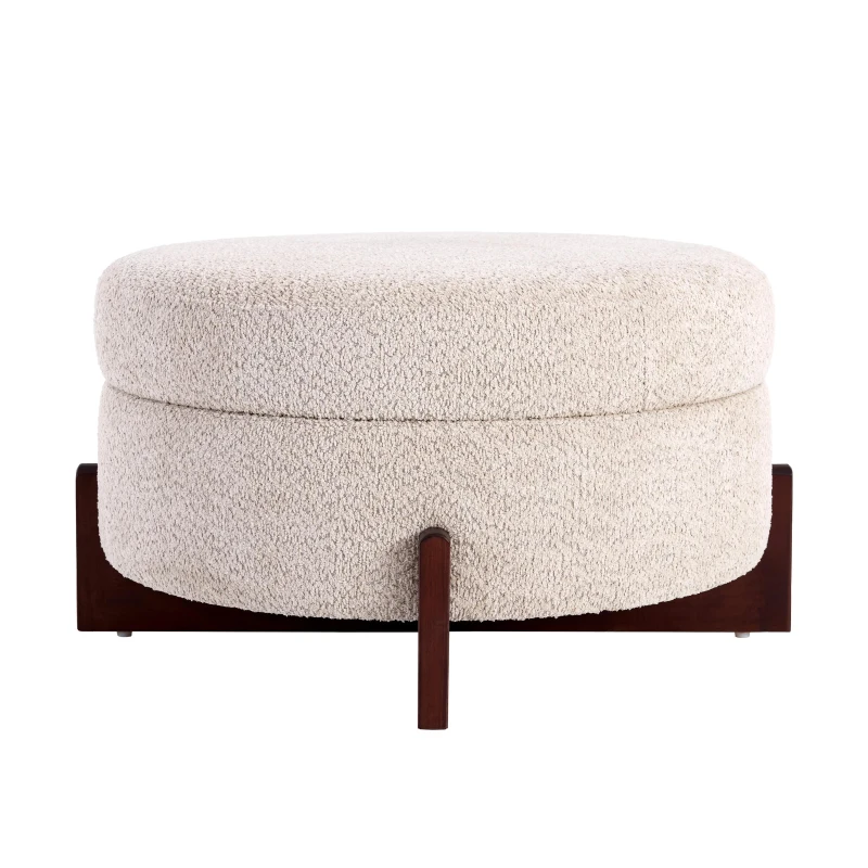 Chic Round Ottoman with Storage and Tufted Upholstery, Versatile Coffee Table for Living Room and Bedroom, 32'' L x 32" W x 17.5" H, Almond