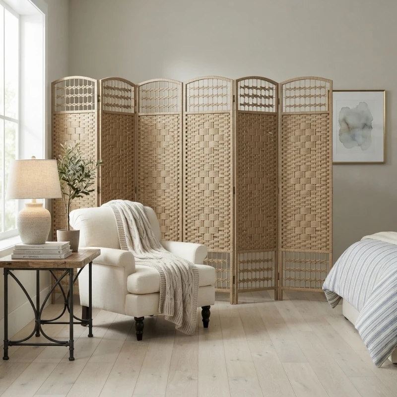 HOMCOM 6 Panel Folding Room Divider Portable Privacy Screen Wave Fiber Room Partition for Home Office Natural
