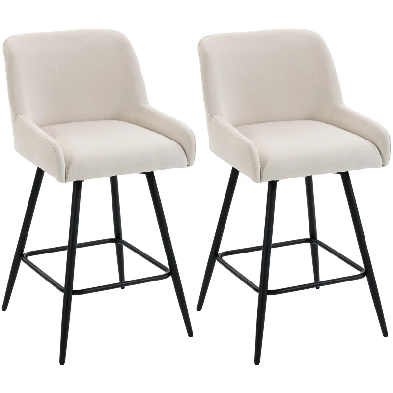 HOMCOM Kitchen Island Chairs Counter Height Bar Stools with Swivel Linen Seat and Footrest, Cream White