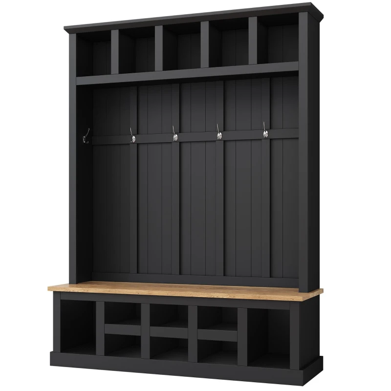 Farmhouse Hall Tree Coat Rack with 13 Compartments, Shoe Storage Bench Unit with Wide Storage Seating Bench, 59'' L x 18'' W x 79'' H, Black