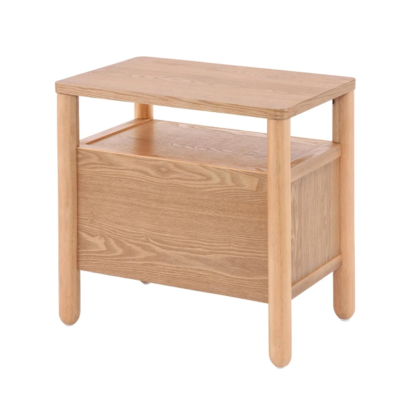 Modern Nightstand with Open Shelf and 2 Drawers, Wooden Bedside Storage Table Unit with Rounded Corners, 23.5'' L x 15.5'' W x 24'' H, Light Natural