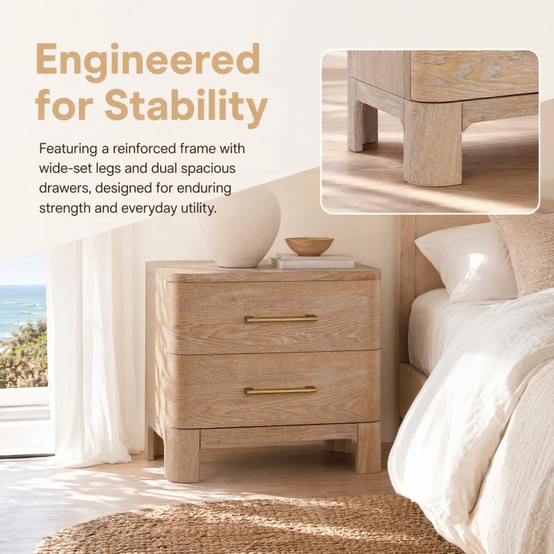 Modern Nightstand with 2 Drawers, Rounded Corners and Gold Handles, Versatile Storage Cabinet for Bedroom, 23.5'' L x 15.5" W x 22.5" H, Natural