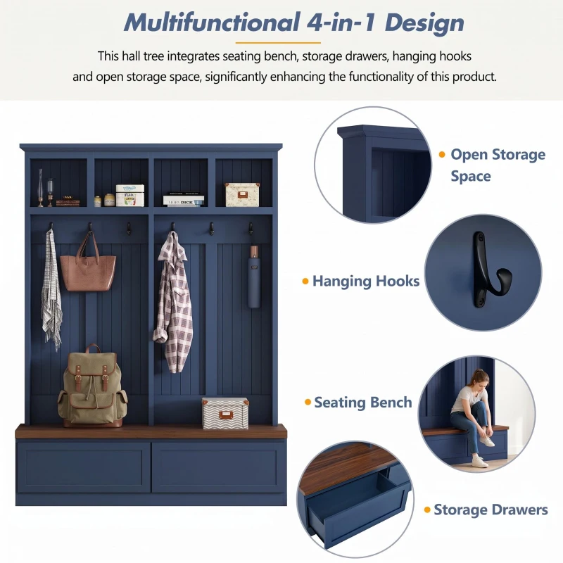 Rustic Farmhouse 4-in-1 Hall Tree Coat Rack with 2 Large Drawers, Shoe Storage Bench Unit with 6 Hooks, 53'' L x 15'' W x 75.5'' H, Blue