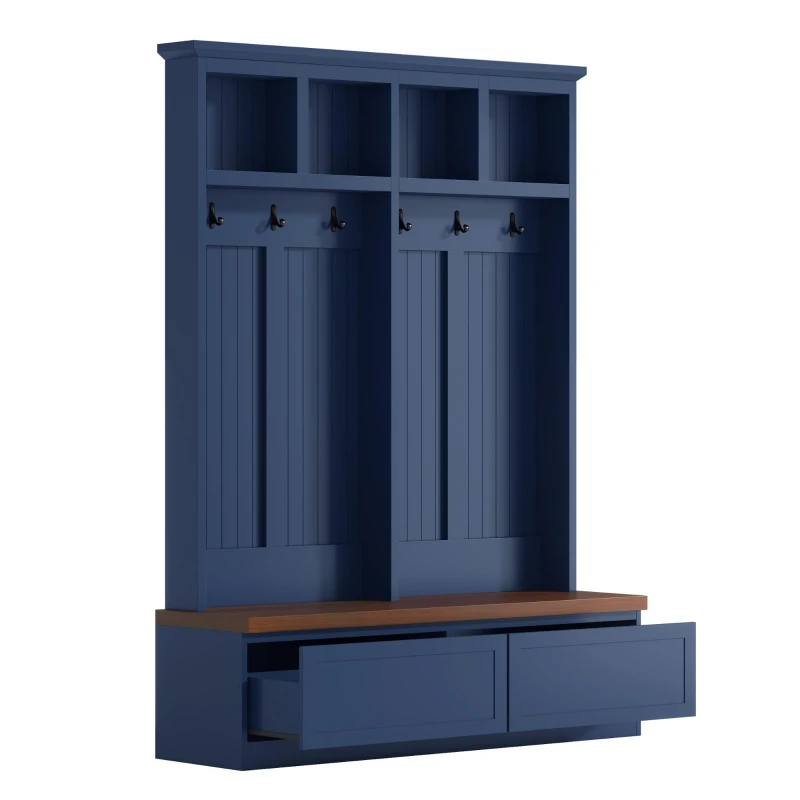 Rustic Farmhouse 4-in-1 Hall Tree Coat Rack with 2 Large Drawers, Shoe Storage Bench Unit with 6 Hooks, 53'' L x 15'' W x 75.5'' H, Blue