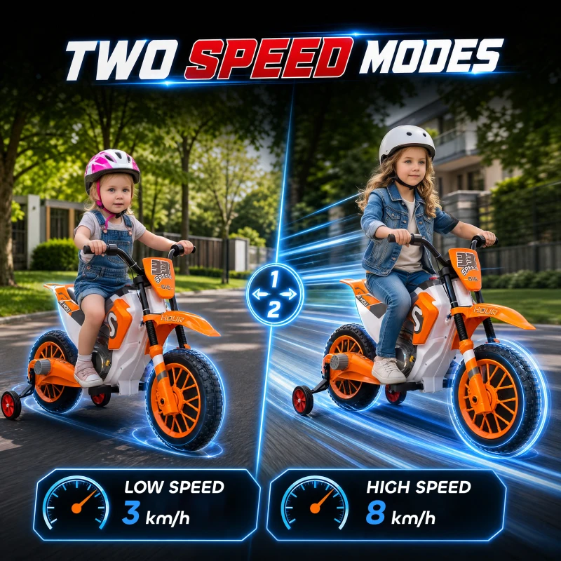Aosom 12V Kids Motorcycle with Dual Motors, Training Wheels, Rear Suspension, Soft Start, Max Speed 5 MPH, Ages 3-6, Orange