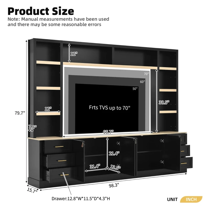 Rustic Farmhouse Entertainment Centre with 6 Storage Drawers, Modern TV Wall Unit with Adjustable Shelves, 98.5'' L x 15.5'' W x 79.5'' H, Black