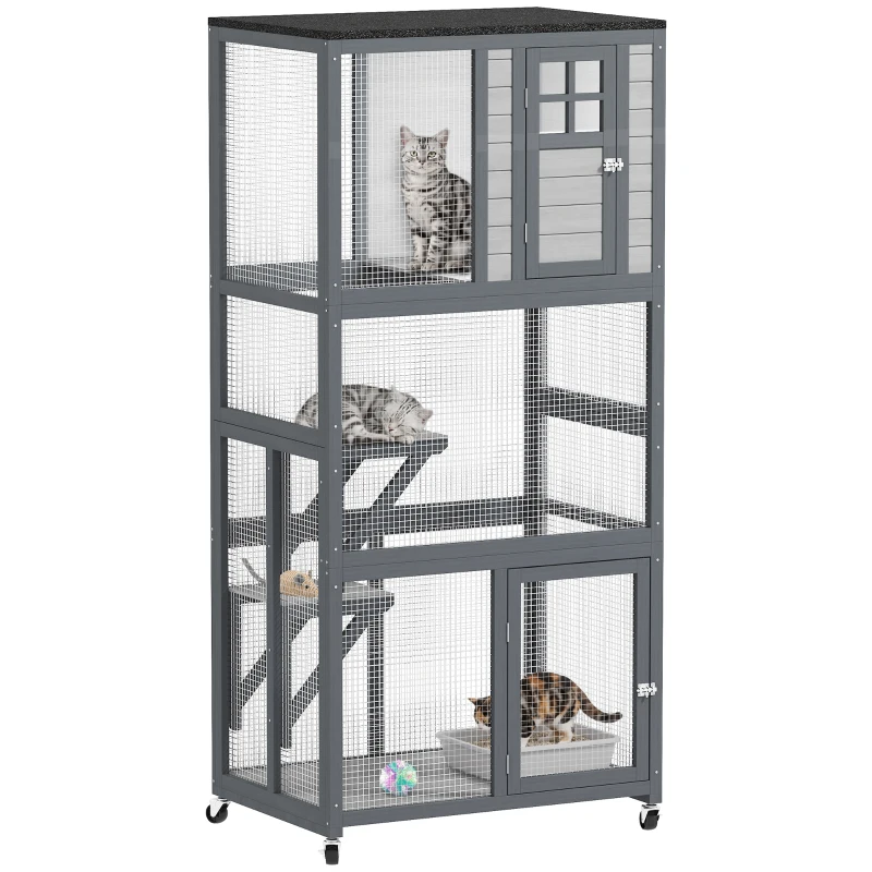 PawHut 74" Wooden Outdoor Cat House Catio with High Weight Capacity, Cat Cage Condo, Dark Gray