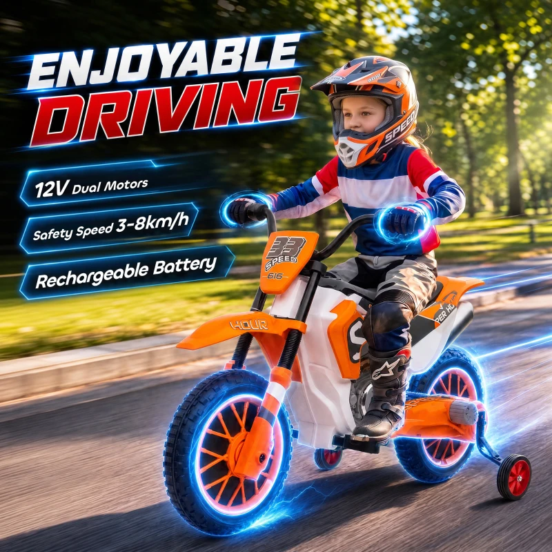 Aosom 12V Kids Motorcycle with Dual Motors, Training Wheels, Rear Suspension, Soft Start, Max Speed 5 MPH, Ages 3-6, Orange
