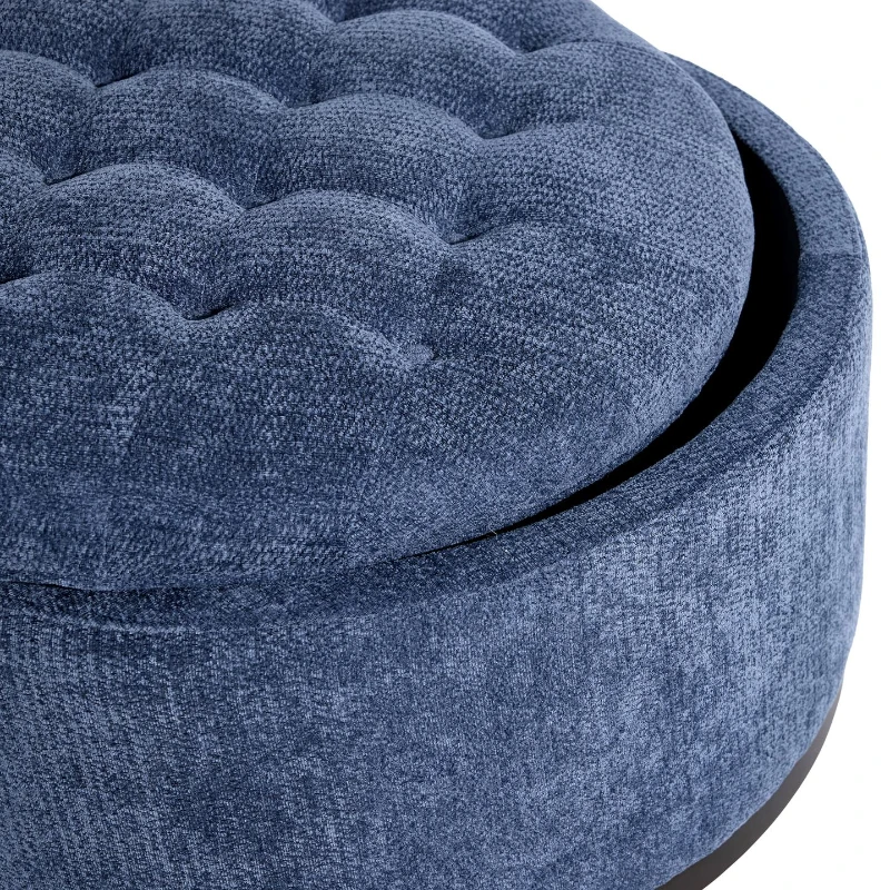 Elegant Round Storage Ottoman with Tufted Chenille and Removable Lid, Versatile Coffee Table for Living Room, 28'' L x 28" W x 16.5" H, Blue
