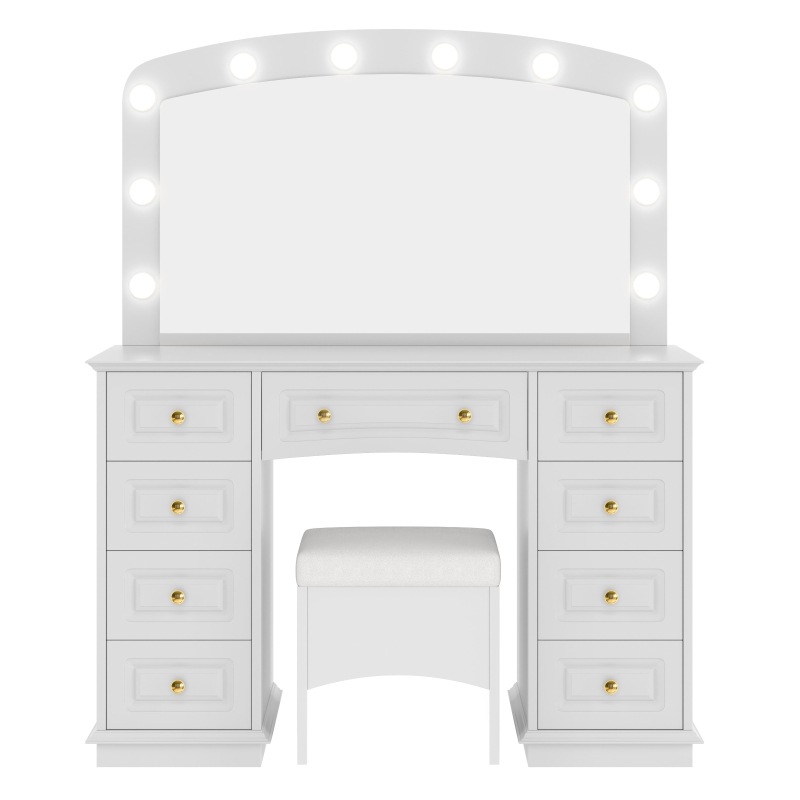 Luxurious Dressing Vanity Desk with 10 Hollywood Bulbs, Modern Makeup Table Set with 9 Storage Drawers, 44'' L x 15.5'' W x 53.5'' H, White