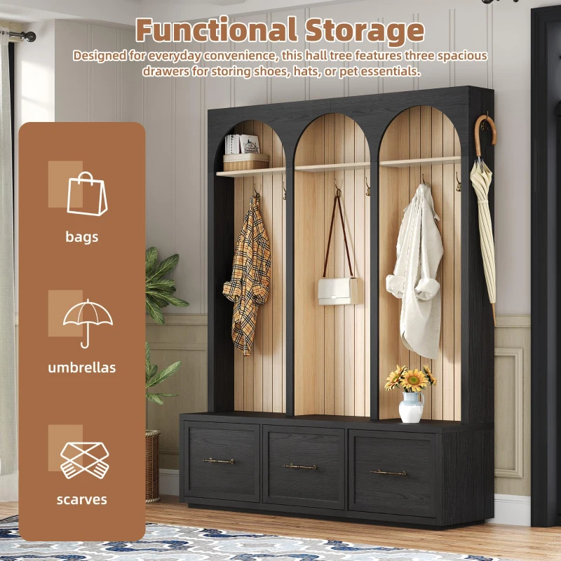 Farmhouse Hall Tree Coat Rack with 3 Arches and 8 Retro Hooks, Shoe Storage Bench Unit with 3 Drawers, 59'' L x 15.5'' W x 75'' H, Black