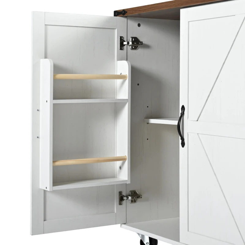 Farmhouse Kitchen Island with Power Outlet and Drop Leaf, Versatile Rolling Cart with Spice Rack and Storage, 54.5'' L x 28.5" W x 36.5" H, White