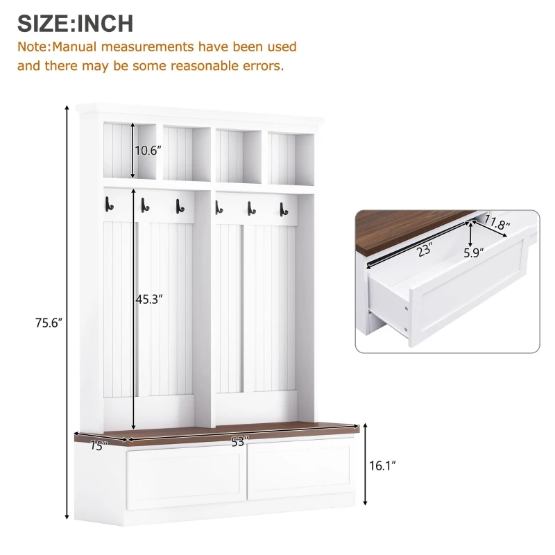 Rustic Farmhouse 4-in-1 Hall Tree Coat Rack with 2 Large Drawers, Shoe Storage Bench Unit with 6 Hooks, 53'' L x 15'' W x 75.5'' H, White