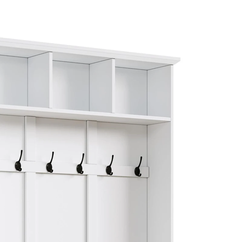 Rustic Farmhouse Hall Tree Coat Rack with Shoe Storage Bench, Heavy-Duty Storage Cabinet Unit with 6 Metal Hooks, 55'' L x 15.5'' W x 73'' H, White