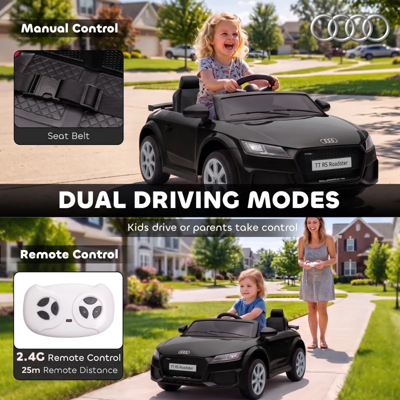 Qaba 12V Ride on Car for Kids, Audi TT RS Licensed Electric Car with Remote Control, Dual Motors, for 2-3 Years, Black