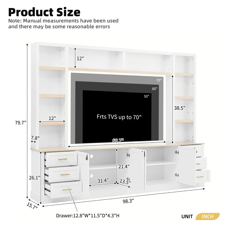 Rustic Farmhouse Entertainment Centre with 6 Storage Drawers, Modern TV Wall Unit with Adjustable Shelves, 98.5'' L x 15.5'' W x 79.5'' H, White