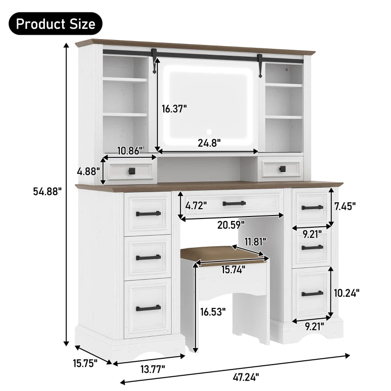 Farmhouse Dressing Vanity Desk with Sliding 3-Colour LED Mirror, Modern Makeup Table Unit with 9 Drawers, 47'' L x 15.5'' W x 55'' H, Brown+White