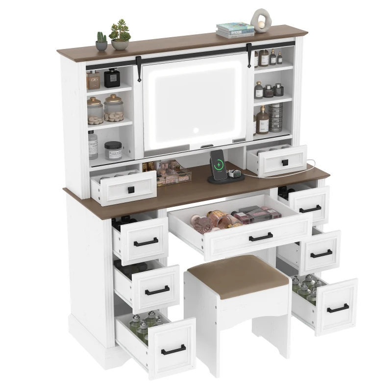 Farmhouse Dressing Vanity Desk with Sliding 3-Colour LED Mirror, Modern Makeup Table Unit with 9 Drawers, 47'' L x 15.5'' W x 55'' H, Brown+White