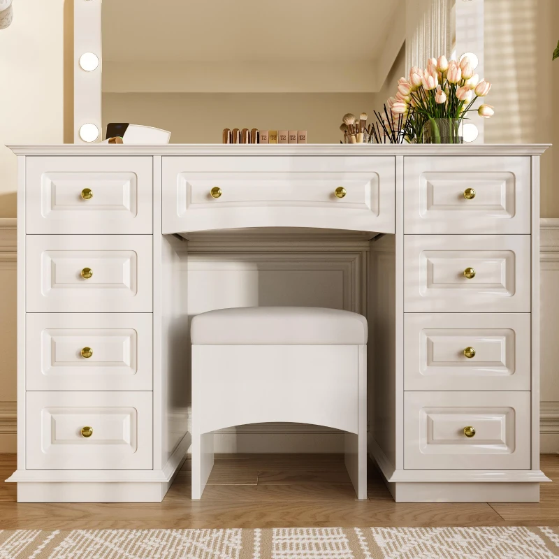 Luxurious Dressing Vanity Desk with 10 Hollywood Bulbs, Modern Makeup Table Set with 9 Storage Drawers, 44'' L x 15.5'' W x 53.5'' H, White
